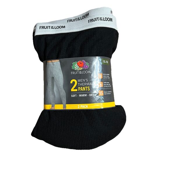 Fruit of The Loom Mens Black Thermal Underwear Bottom Pants 2-PACK Sz XL 40-42" - Picture 1 of 1
